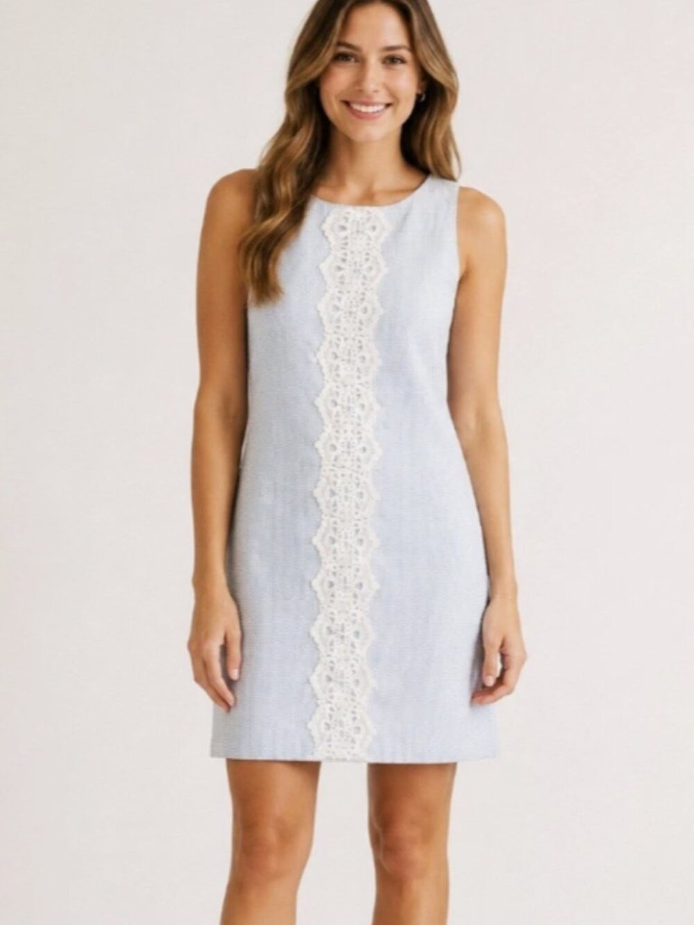 Pappagallo 16 Seersucker Sleeveless Shift Dress Blue White Stripes Lace